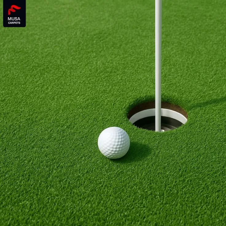 Golf ball resting at the lip of a cup on synthetic turf