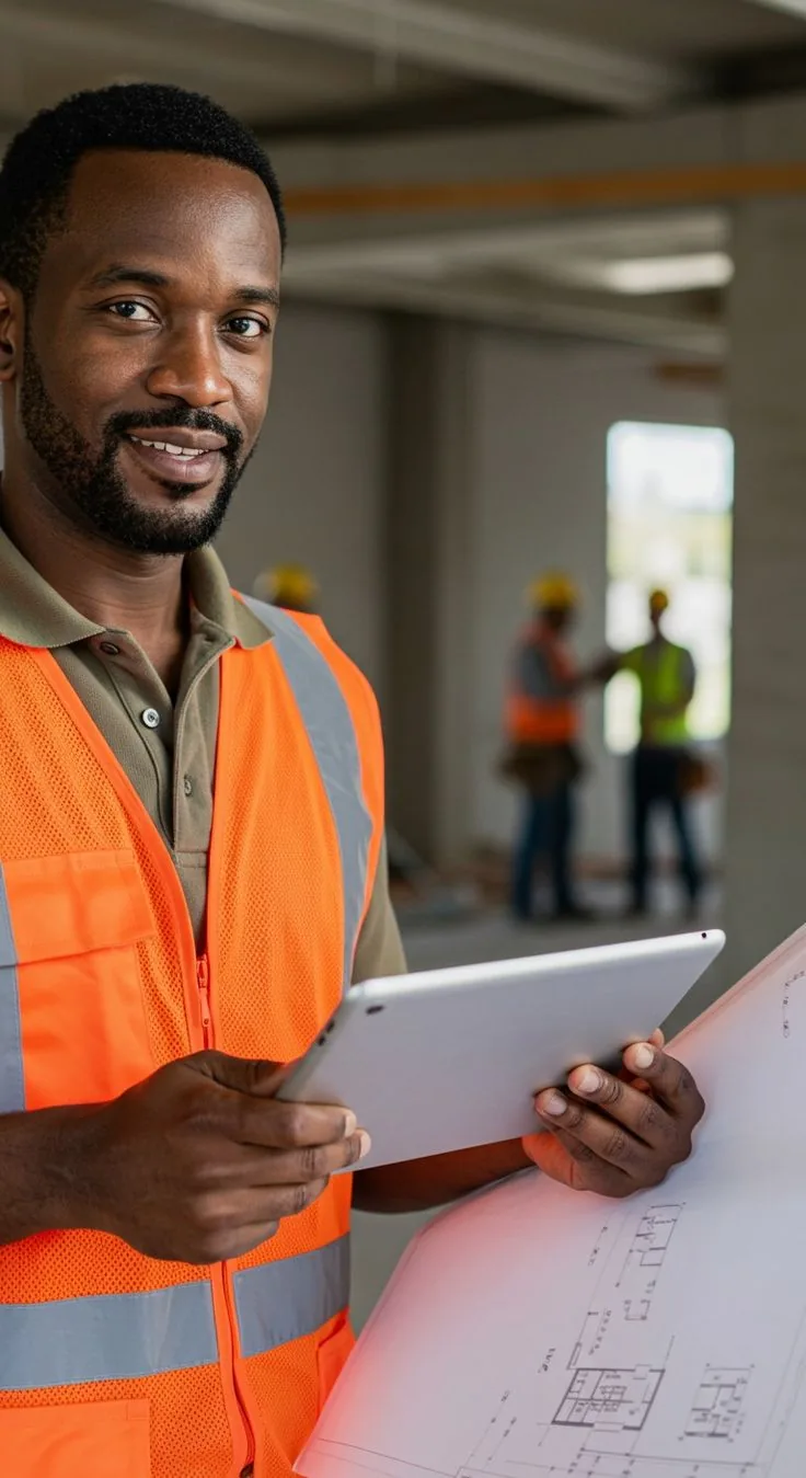 Site engineer reviewing plans on a construction site