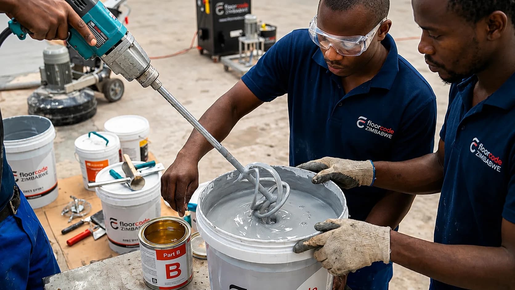 FloorCode crew mixing epoxy resin on site