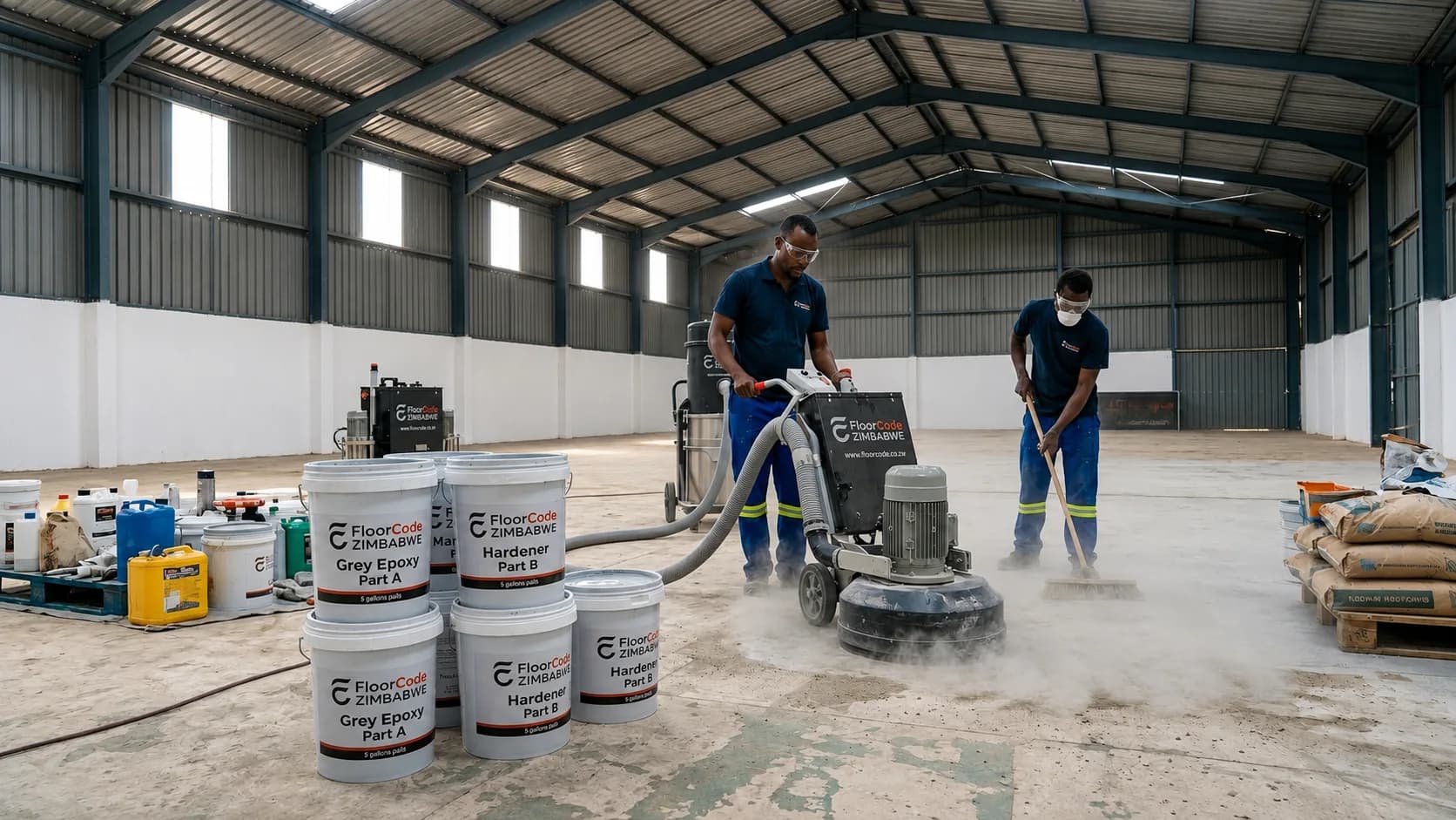 FloorCode crew grinding and preparing a warehouse floor