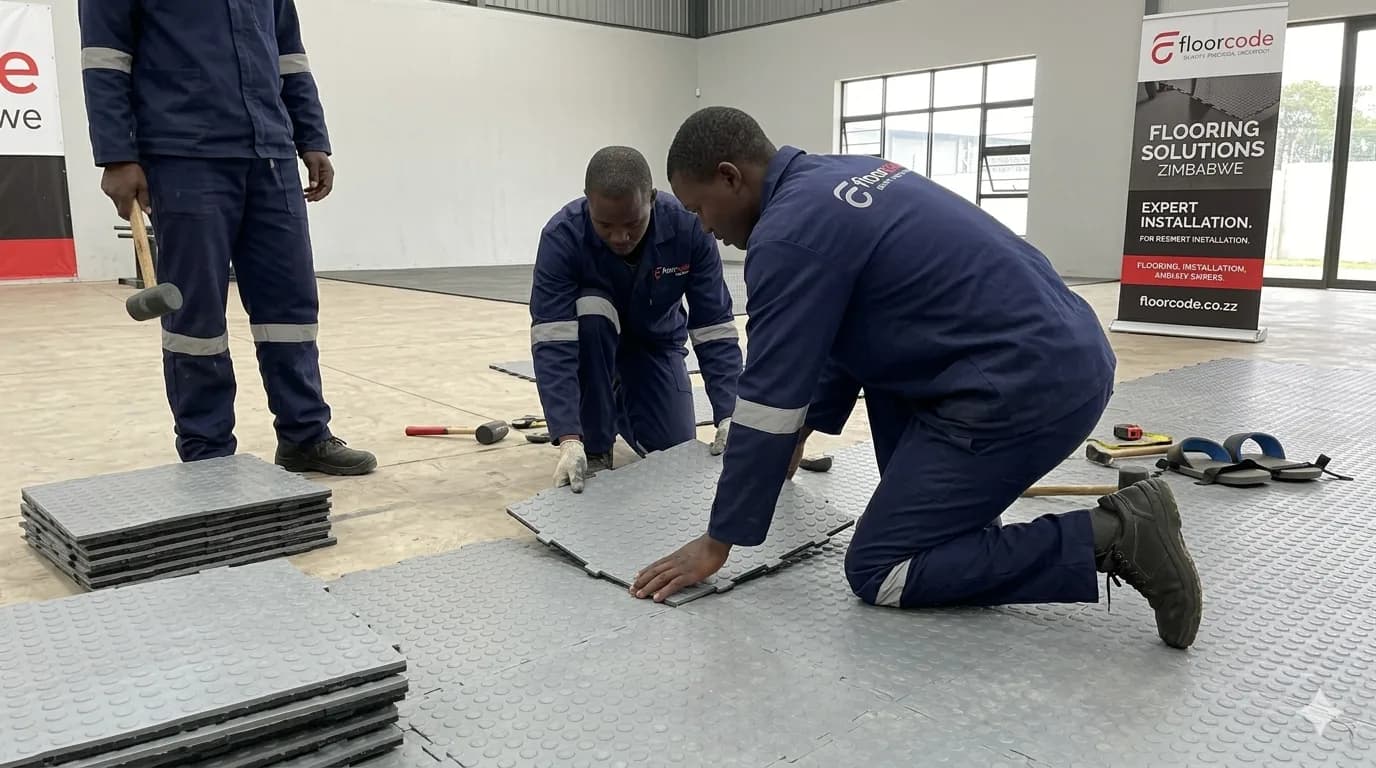 FloorCode crew laying interlocking rubber tiles indoors