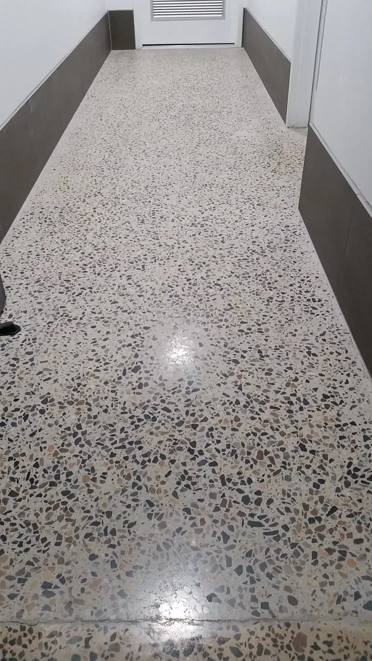 Polished flake epoxy corridor reflecting overhead lighting